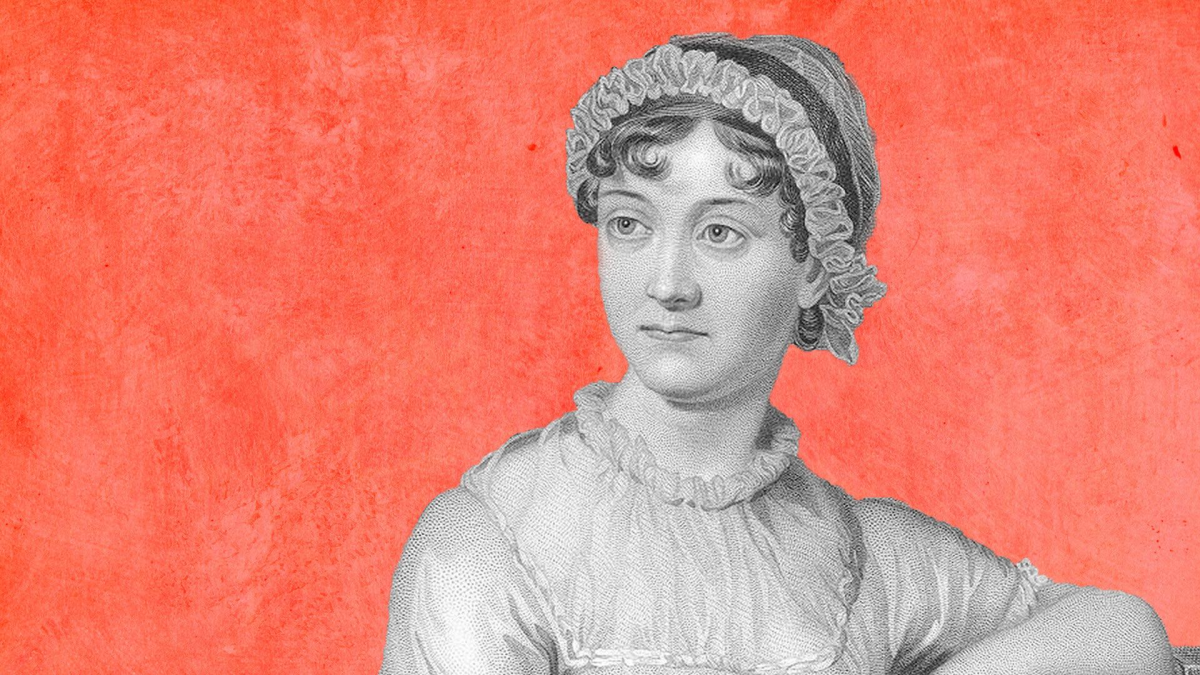 Grey drawing of Jane Austen on salmon pink coloured textured background