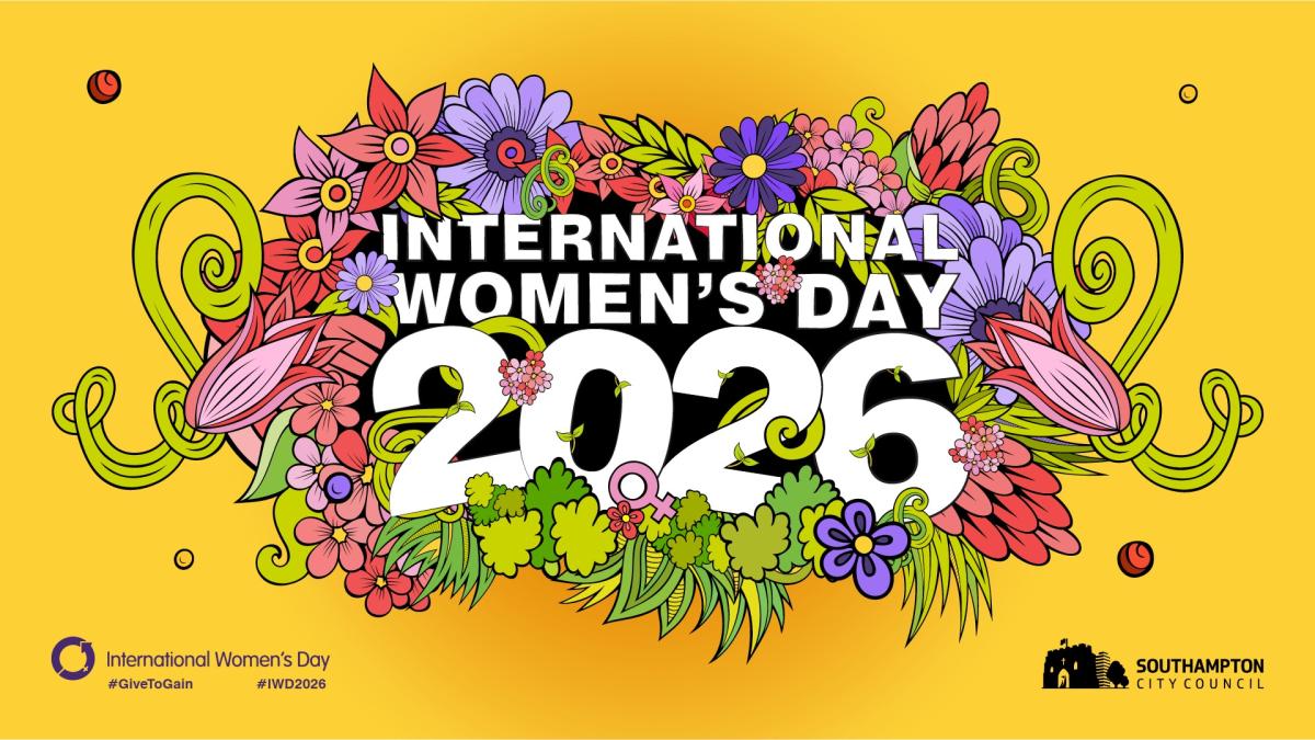 International Women's Day 2026 wording with floral banner