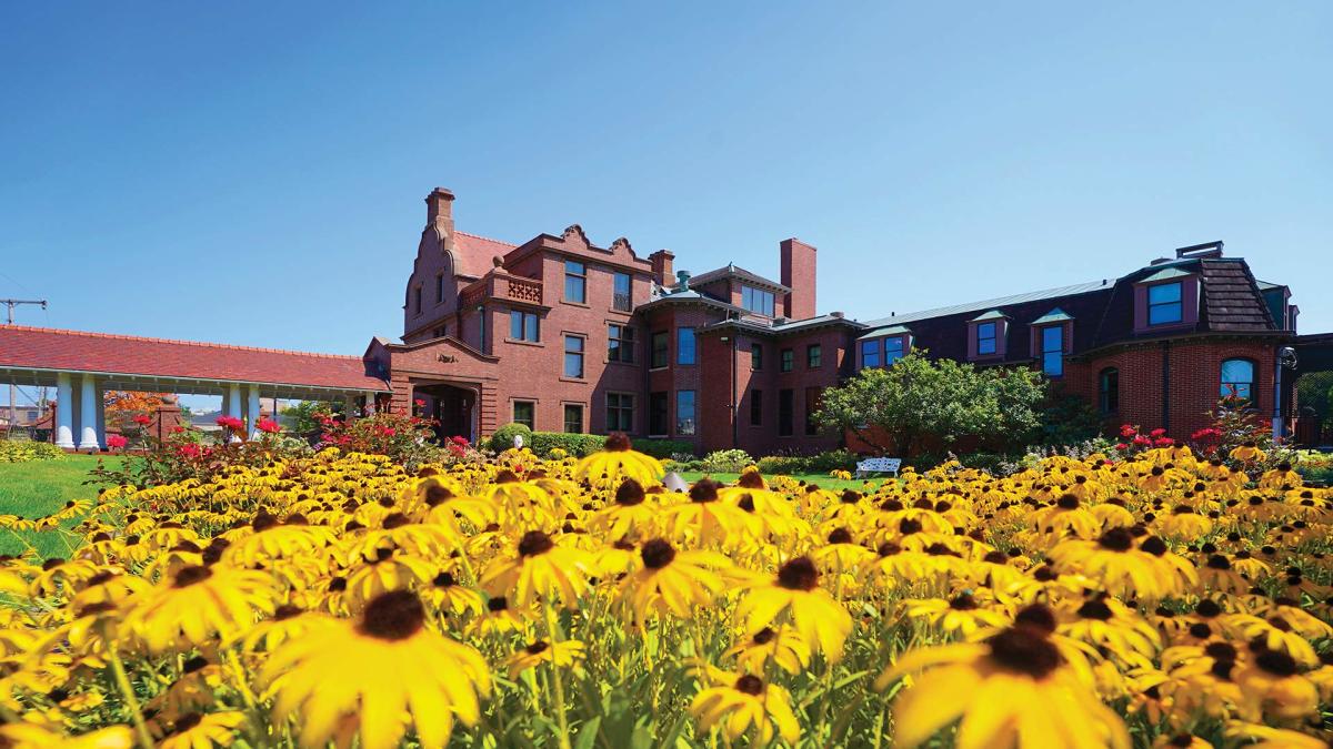 Flowers in front of Barker Mansion in Michigan City