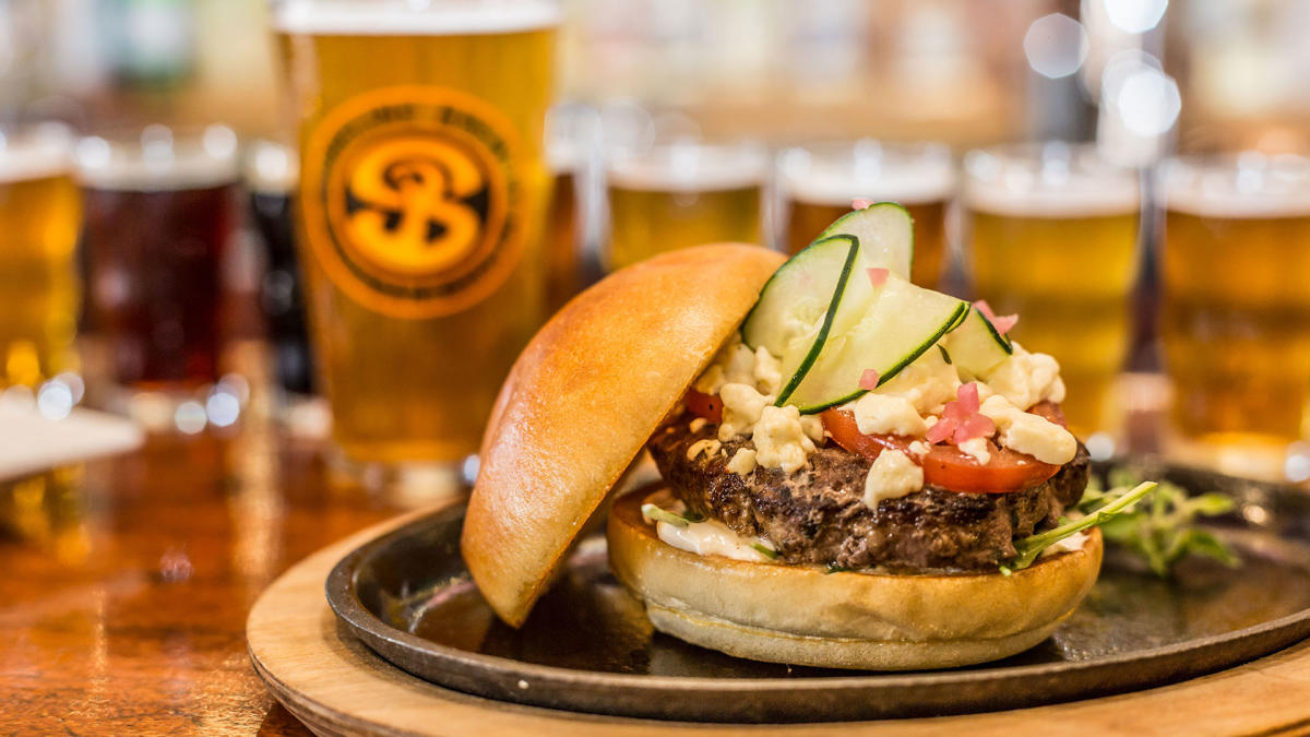 Shoreline Brewery burger and beer