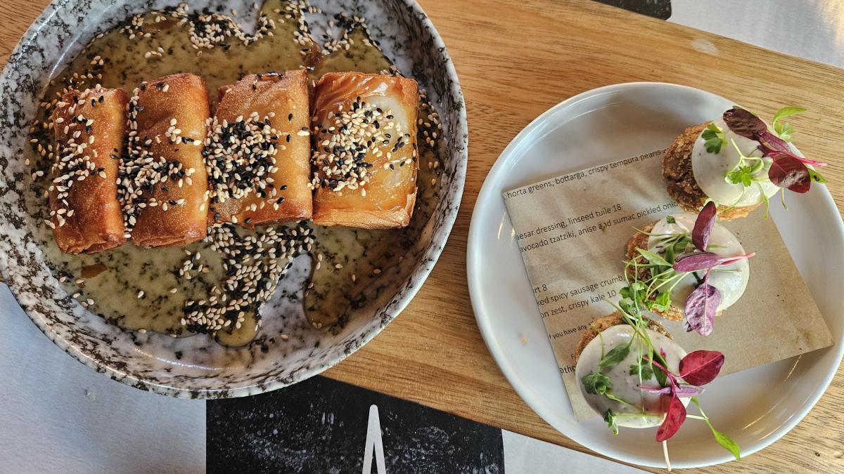 Epiros filo feta and 48h cooked Surrey Farm beef brisket croquettes at Theion in Guildford, Surrey