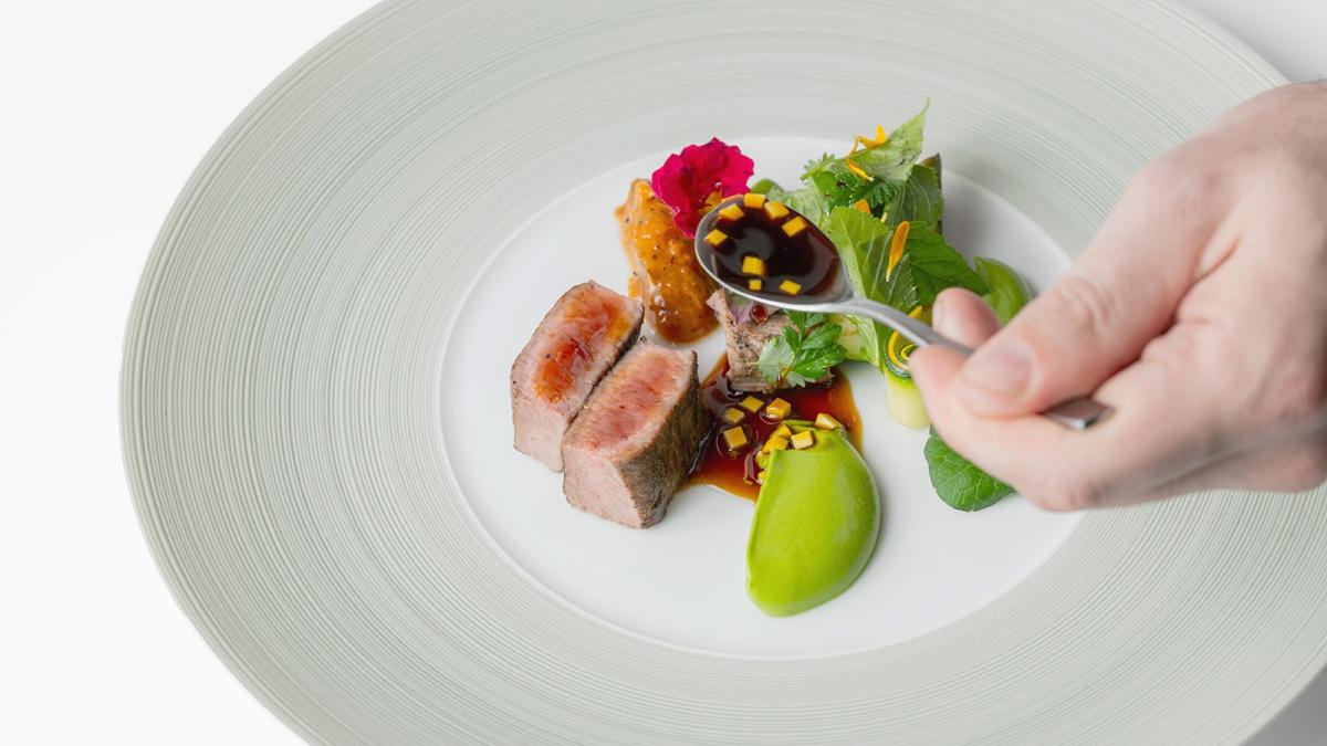 Spring Lamb at The Tudor Pass restaurant at Great Fosters Hotel, Egham, Surrey