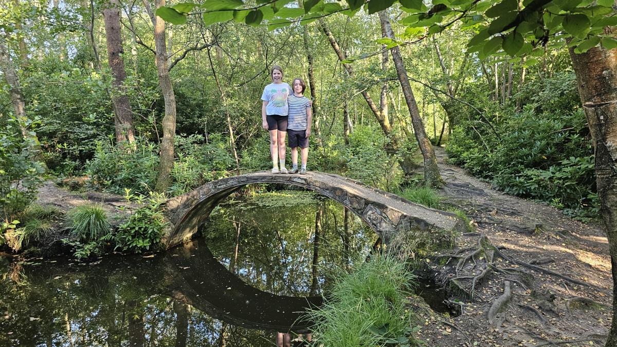 two children standing on a small bridge across a stream