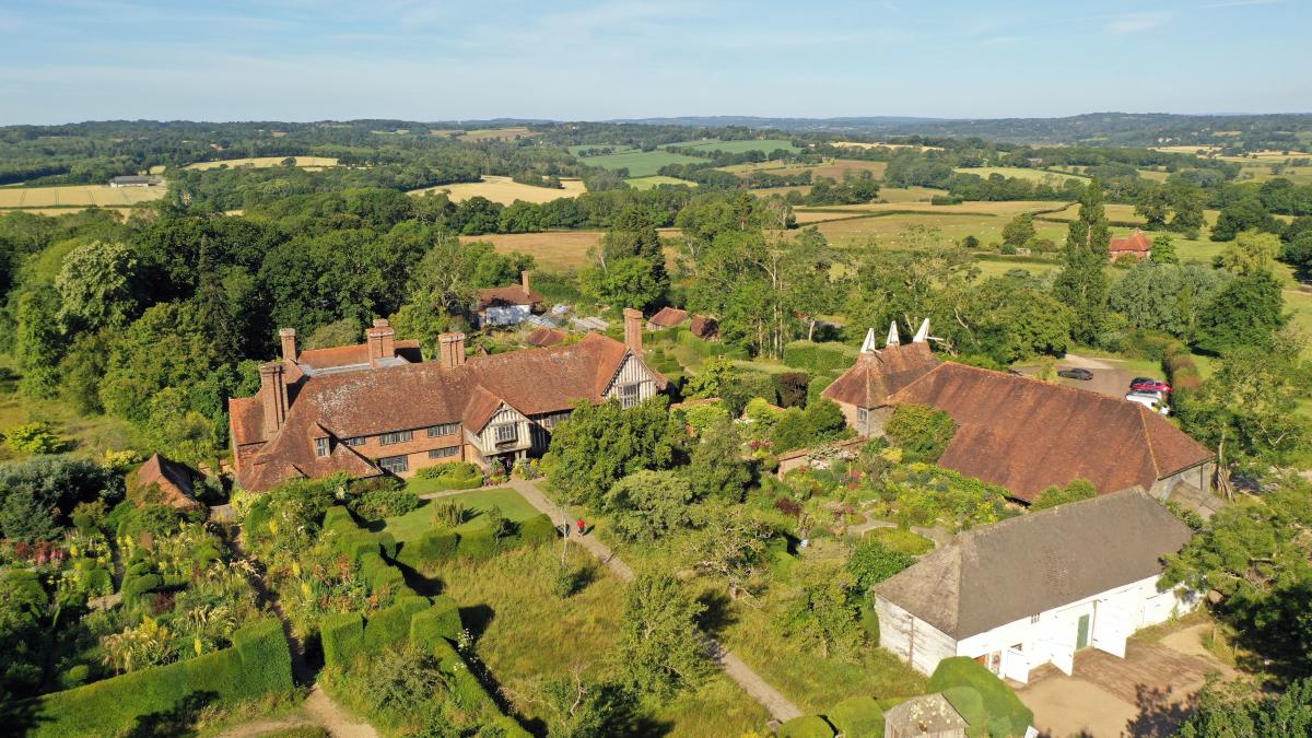 Aerial view of house and gardens at Great Dixter