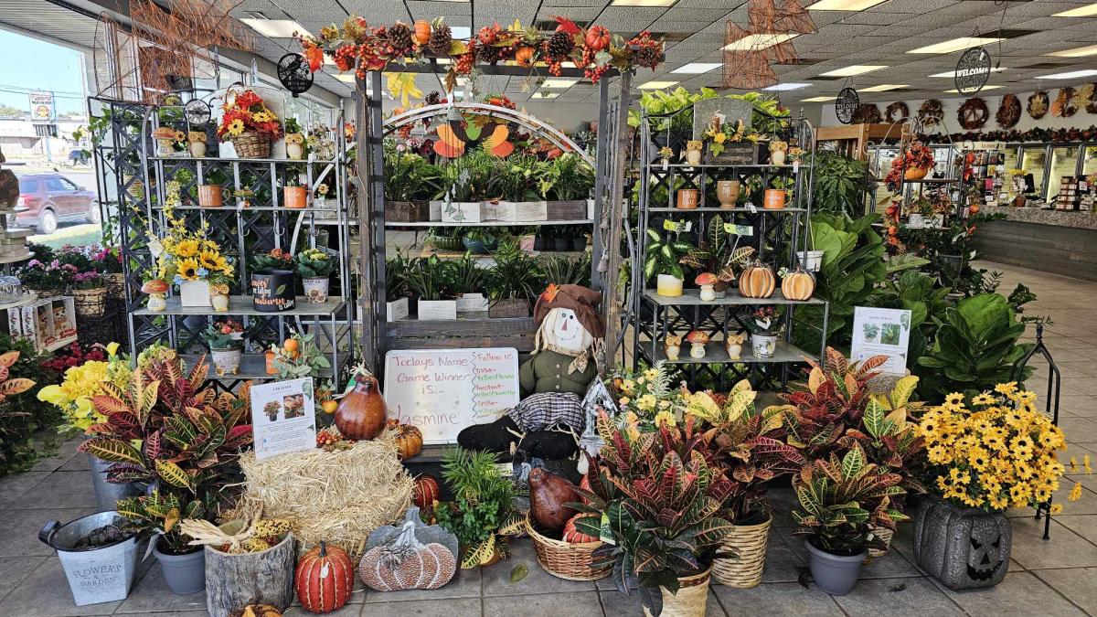 Flowers are arranged on a fall display at Tillie's Flower Shop in Wichita