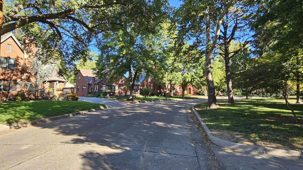 Brick homes are photographed on a sunny day in the Riverside neighborhood