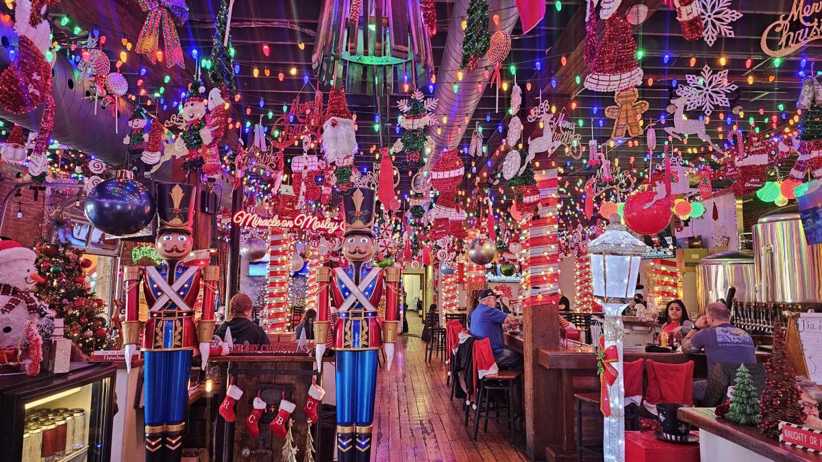 River City Brewing Company is adorned with thousands of Christmas lights inside