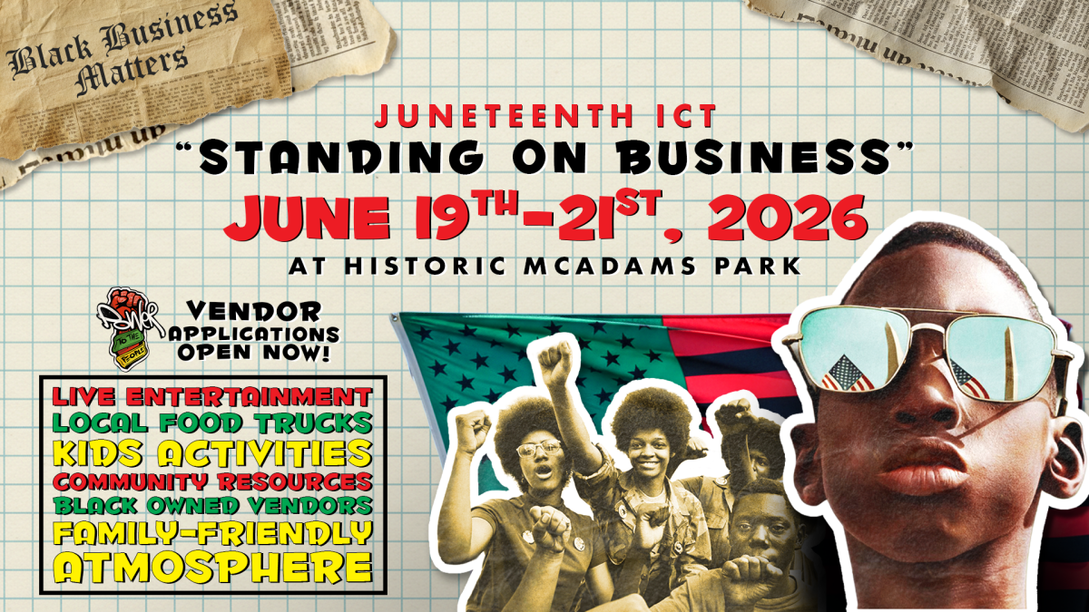 An image features several African Americans and information about the Wichita Juneteenth Celebrations happening at McAdams Park.