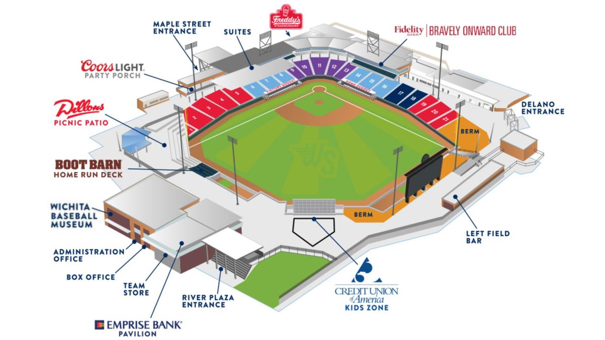 A map lists places to find seating, restroom, food and more at Riverfront Stadium