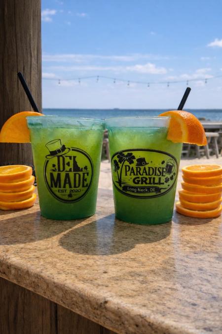 Two drinks at Paradise Gril with orange slices, sat on a table overlooking the ocean.