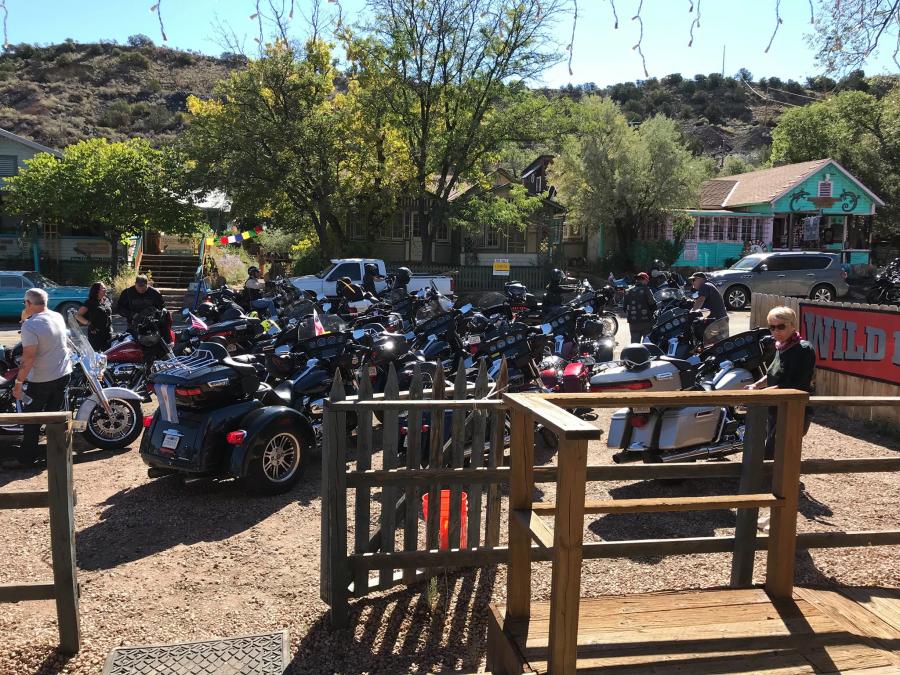 Motorcycles sit outside a filming location for Wild Hogs in Madrid, New Mexico