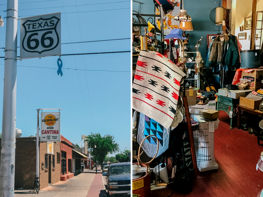 collage of route 66. street shop on left. western items for sale in store on right