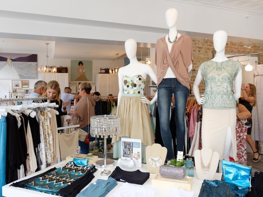 Unique fashion designs displayed on mannequins in a busy boutique - Lara Bly Designs in Bethlehem, PA