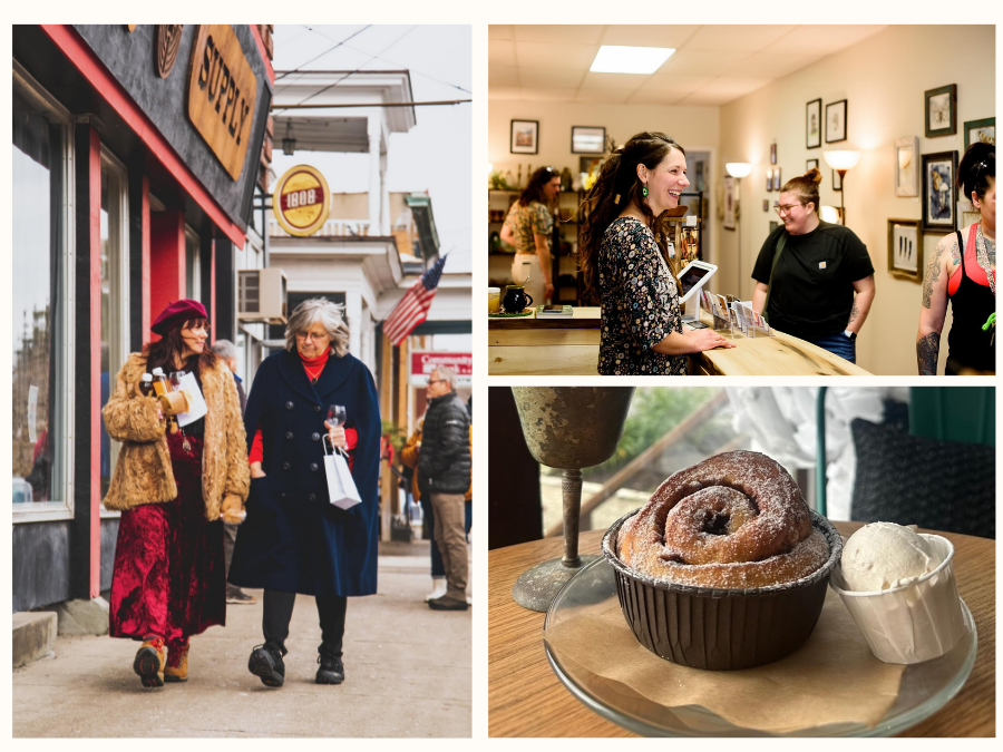 Vintage Vines & Valentines Collage. Women walking in Main Street (left), woman smiling at shoppers (top right), and a cinnamon roll with ice cream (bottom right).