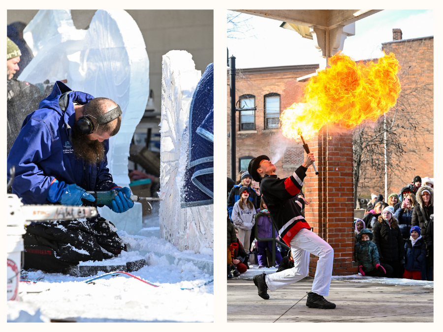 Fire and Ice Festival. Ice sculpting (left) and a fire show (right).