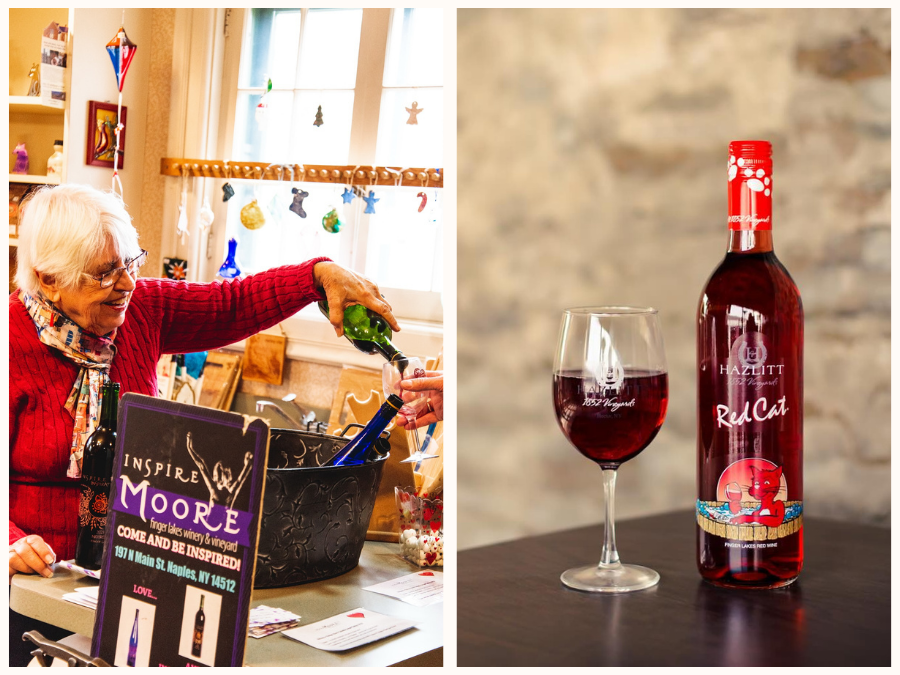 Vintage Vines & Valentines Collage. Woman pouring Inspire Moore wine (left), and a wine bottle and a wine glass from Hazlitt (right).