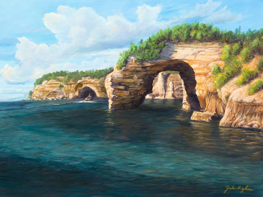 A painting of the bright sandstone cliffs of Pictured Rocks over the deep blues of Lake Superior
