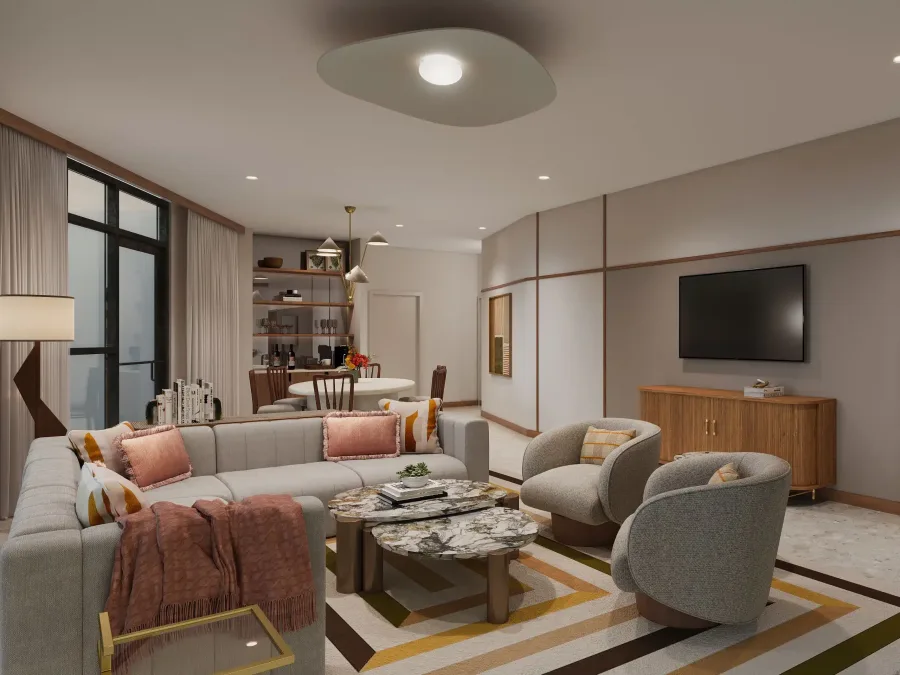 Thompson Hotel: Modern living room with a sectional sofa, accent chairs, and a wooden media console. The space includes a dining area in the background and is decorated with warm lighting, throw pillows, and drapes.