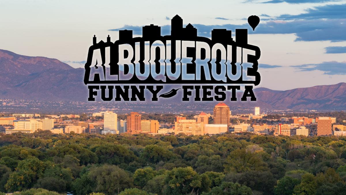 A graphic for the Albuquerque Funny Fiesta on a photo of the Albuquerque skyline.