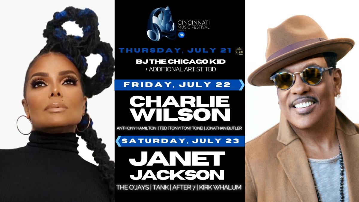 A poster for the Cincinnati Music Festival 2022 with photos of the headliners Janet Jackson and Charlie Wilson