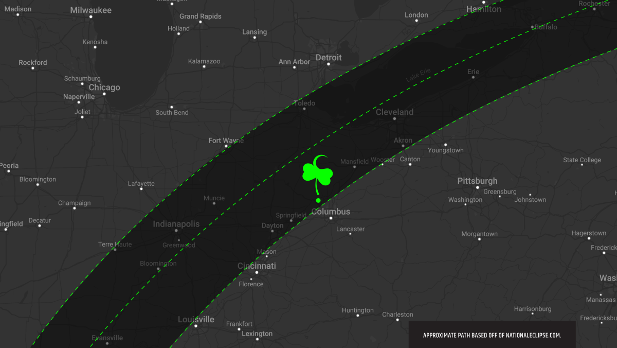 2024 Solar Eclipse Path Map marking where Dublin, Ohio is on the path of totality