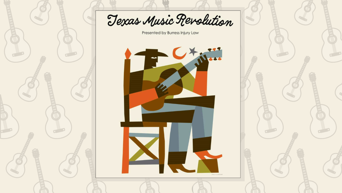Texas Music Revolution logo in the middle of a beige background with guitars