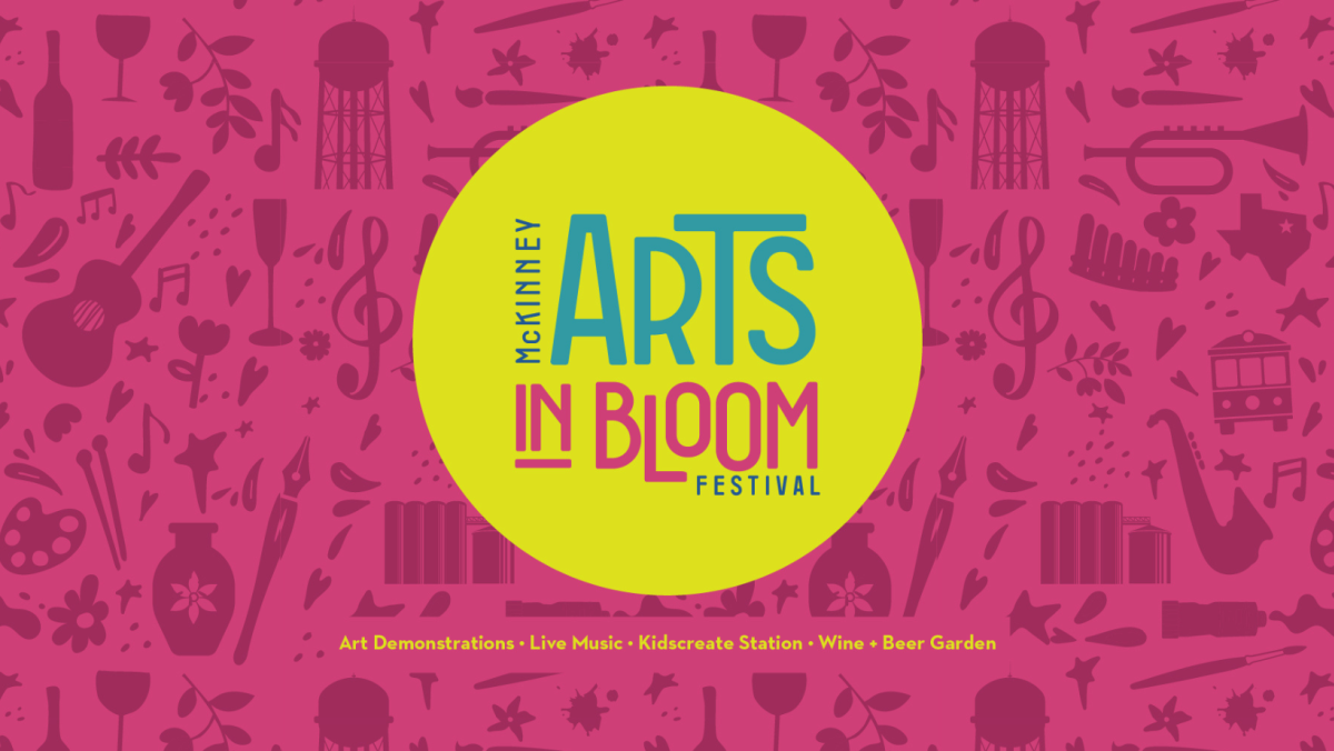 Arts in Bloom logo in yellow circle with artsy pink background