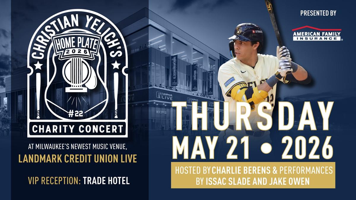 Promotional graphic for the fourth annual Home Plate charity event hosted by Milwaukee Brewers outfielder Christian Yelich and family. The event takes place May 21, 2026, at Landmark Credit Union Live, headlined by Jake Owen with performances by Isaac Slade and Nicotine Dolls, hosted by comedian Charlie Berens, benefiting Milwaukee-area charities.