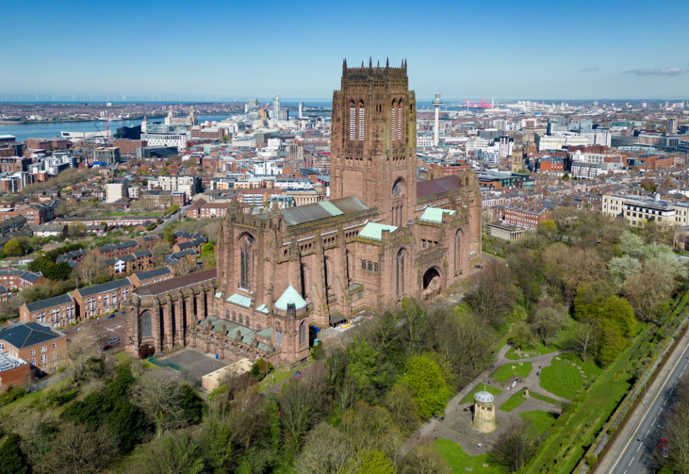 drone shot of Liverpool Cathedral and city centre