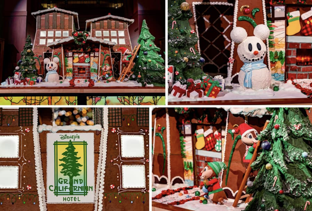 Image of a collage that highlights the giant gingerbread house at Disney's Grand Californian Hotel & Spa. Different scenes of the gingerbread house can be seen in each square of the collage. The gingerbread house is replica of the Disney's Grand Californian Hotel & Spa.