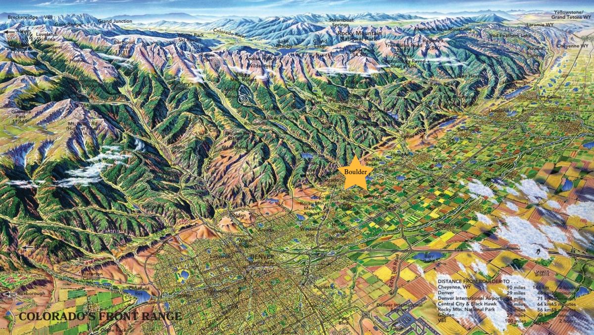 A richly illustrated, bird’s-eye map of Colorado’s Front Range, looking west from the plains toward the mountains.