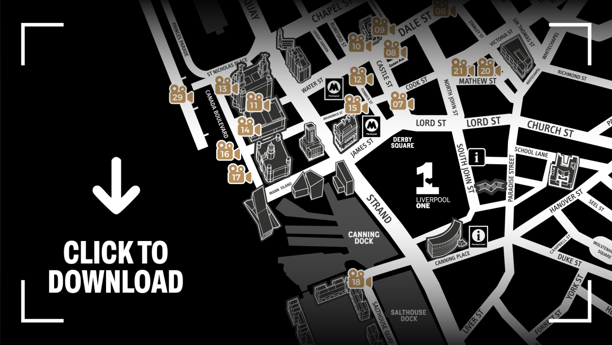 A black and white designed map with icons and golden video camera icons