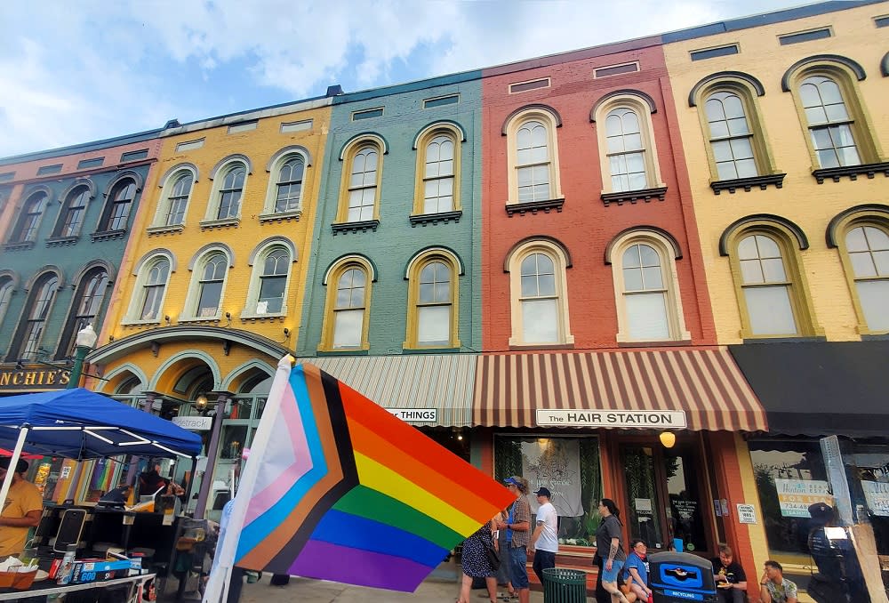 Ypsi pride in depot town. Rainbow flag waves in front of buildings