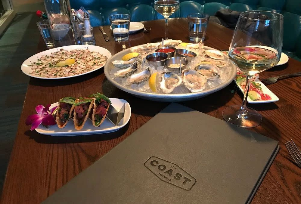 A table of oysters and other assorted seafood at East Coast Provisions Restaurant in Richmond