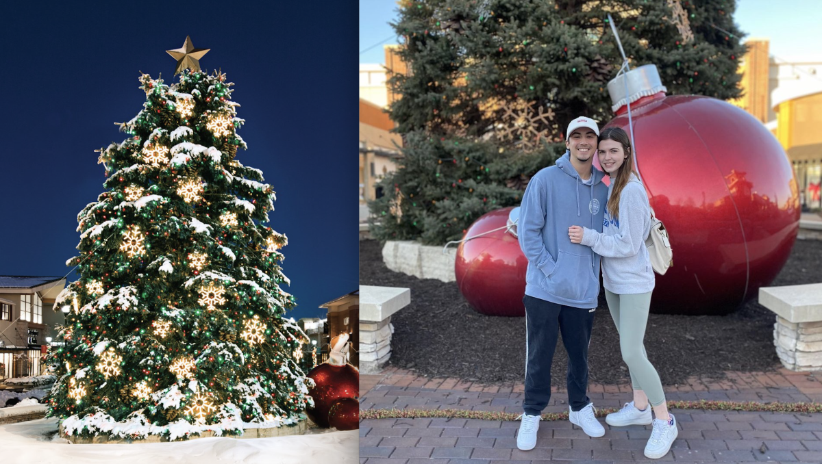 The giant Christmas tree at Village Pointe Shopping Center both lit up at night and with a young couple during the day.