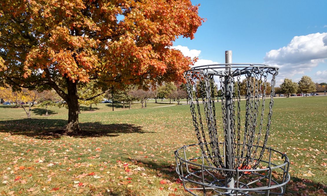 Disc golf basket in pretty park with fall foliage