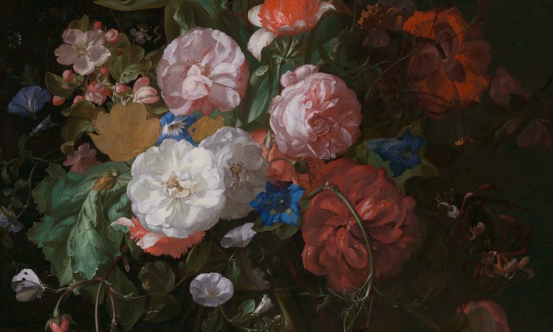 Rachel Ruysch, Still Life with Flowers, 1709, oil on canvas, 30 × 25.2 in., Promised gift of RoseMarie and Eijk van Otterloo, in support of the Center for Netherlandish Art; Photograph: © 2023 Museum of Fine Arts, Boston