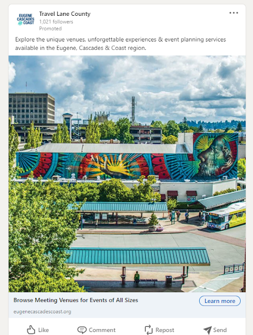 A LinkedIn paid social post for Lane County featuring a colorful mural, encouraging meetings to host their events there.
