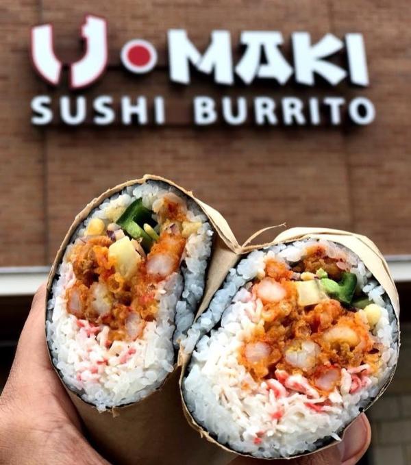 Sushi burrito closeup from U'Maki Sushi Burrito.