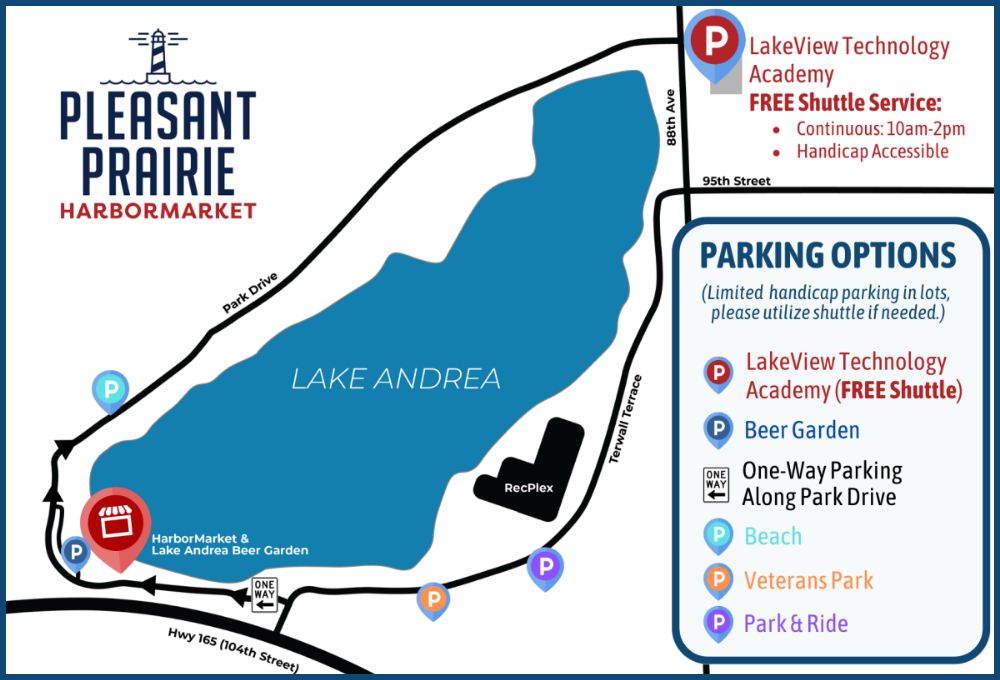 Map showing locations for parking at the Pleasant Prairie HarborMarket