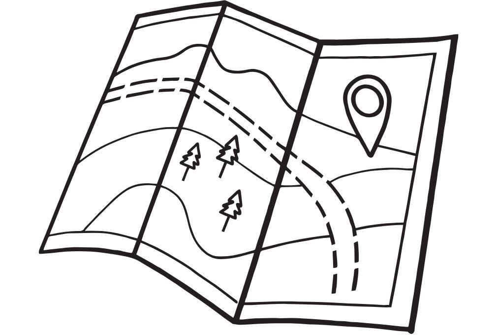 A simple black-and-white illustration of a folded map features roads, a location pin, trees, and hills. It conveys a sense of navigation and exploration.