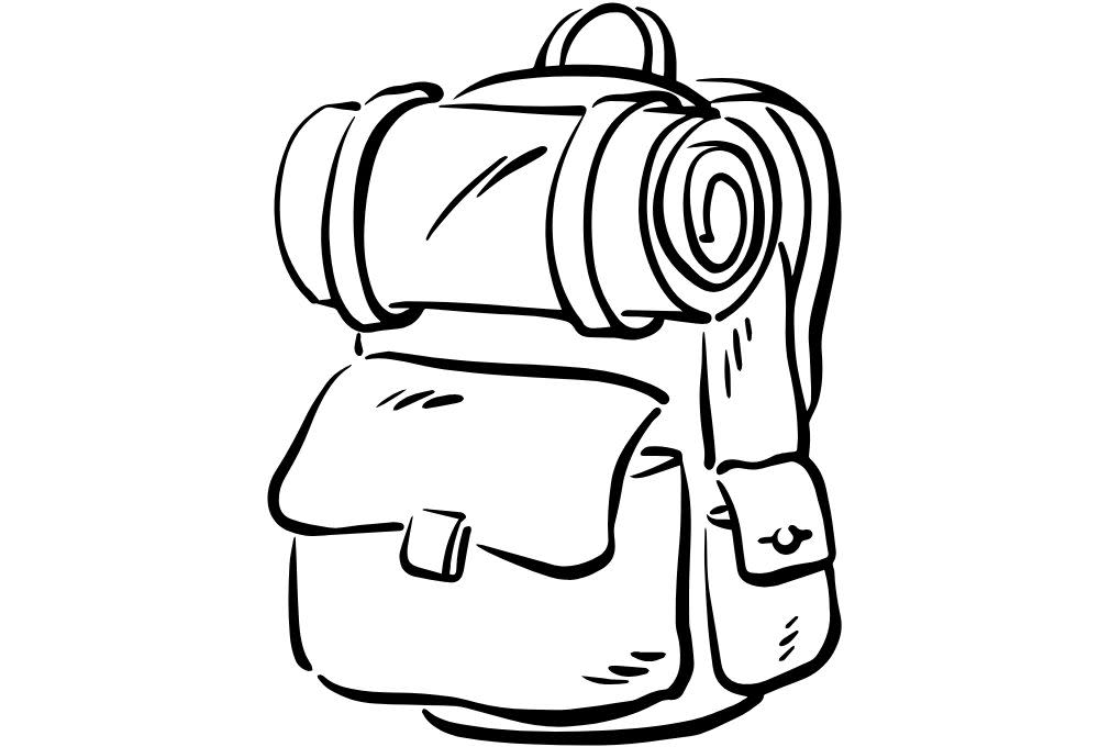 Line drawing of a backpack with a rolled-up mat on top, large front pocket, and side pouches. The illustration is minimalistic and suggests travel or adventure.