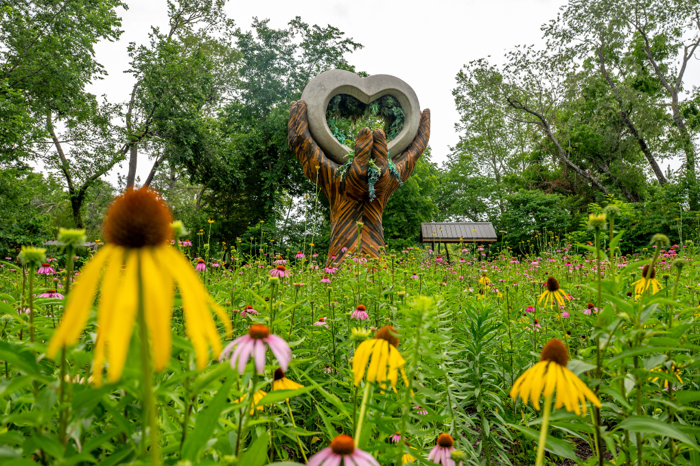 Yellow flowers bloom in the foreground. A monumental sculpture of two hands holding a large hollow heart rises from a meadow in the background.