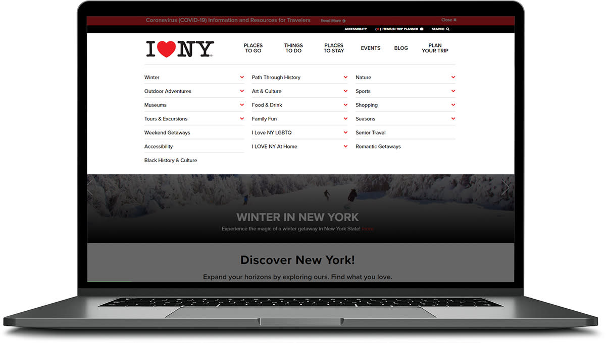 I Love NY homepage with Things to Do menu opened