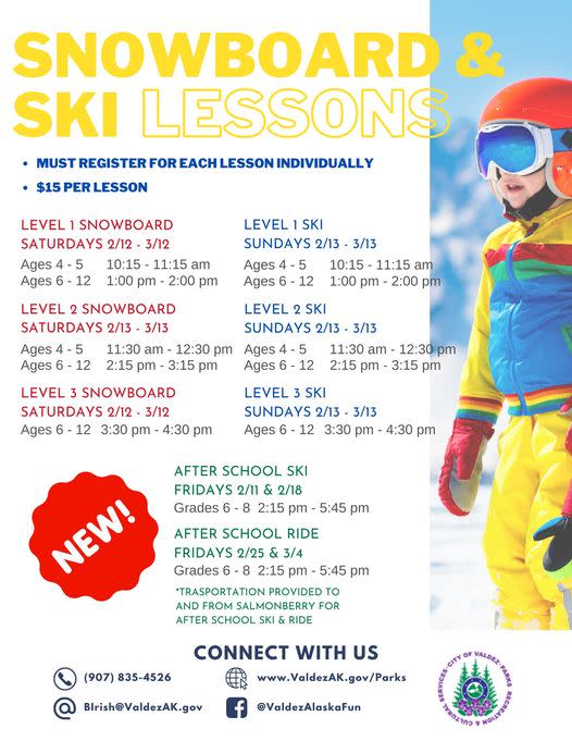 a poster with a schedule for snowboard and ski lessons