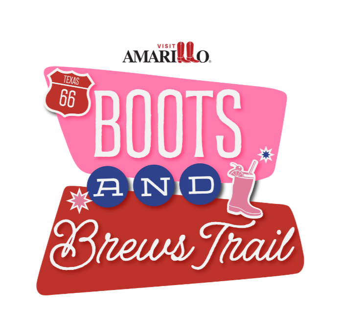 Graphic logo that reads “Texas 66 BOOTS AND Brews Trail” in white lettering on a pink and red retro sign, featuring a Route 66 shield, starburst accents, and a pink cowboy boot holding a drink with a straw.