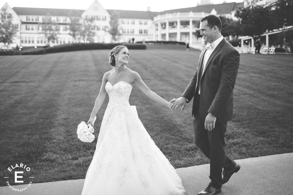 Black and white image of a wedding couple at the Sagamore Resort in Bolton Landing, NY