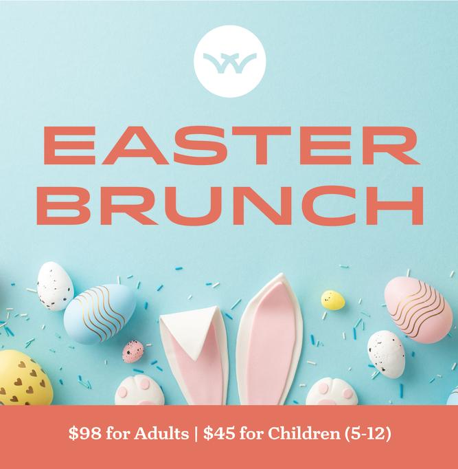 A graphic for Harrison's Easter Brunch 2026 depicts a blue background with pastel Easter eggs and fondant bunny ears. In bright orange text, it reads, "EASTER BRUNCH | $98 for Adults | $45 for Children (5-12)"