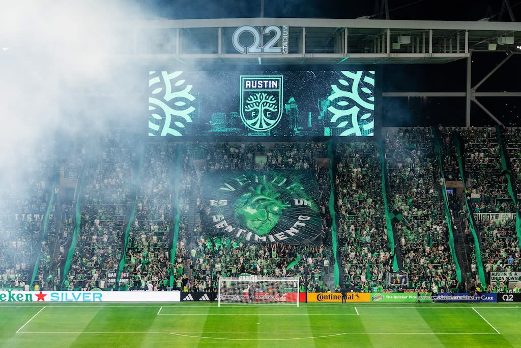 Image of the pitch at Q2 stadium showing the stands packed with Austin FC fans.