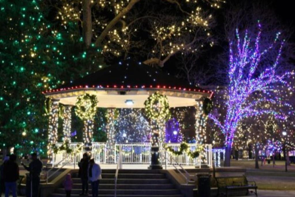 Night time photo of a gazebo, decorated and lit with Christmas lights.